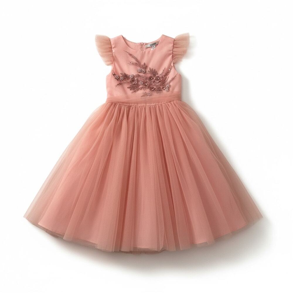 NWT Badgley Mischka 6x girls pink whimsical embroidered glam tulle formal dress